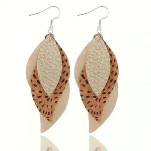 3-layer Leaf Design 3.5” Dangle Earrings in PU Leather w/ Silver Tone Fish Hooks